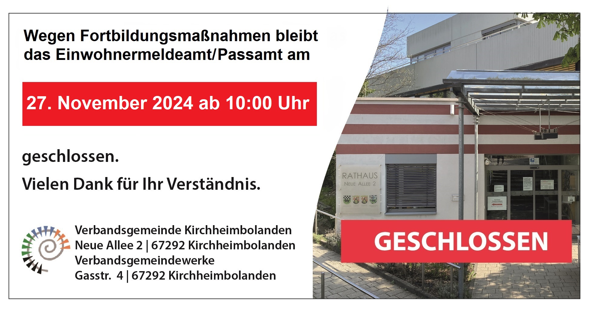 EMA/Passamt geschlossen am 27.11.2024 ab 10:00 Uhr